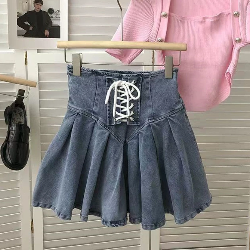 Folds Lace-Up Patchwork Casual Denim Skirt Summer Solid Pleated Skirts Spring Mini Slim Korean Fashion Faldas Clothes For Women