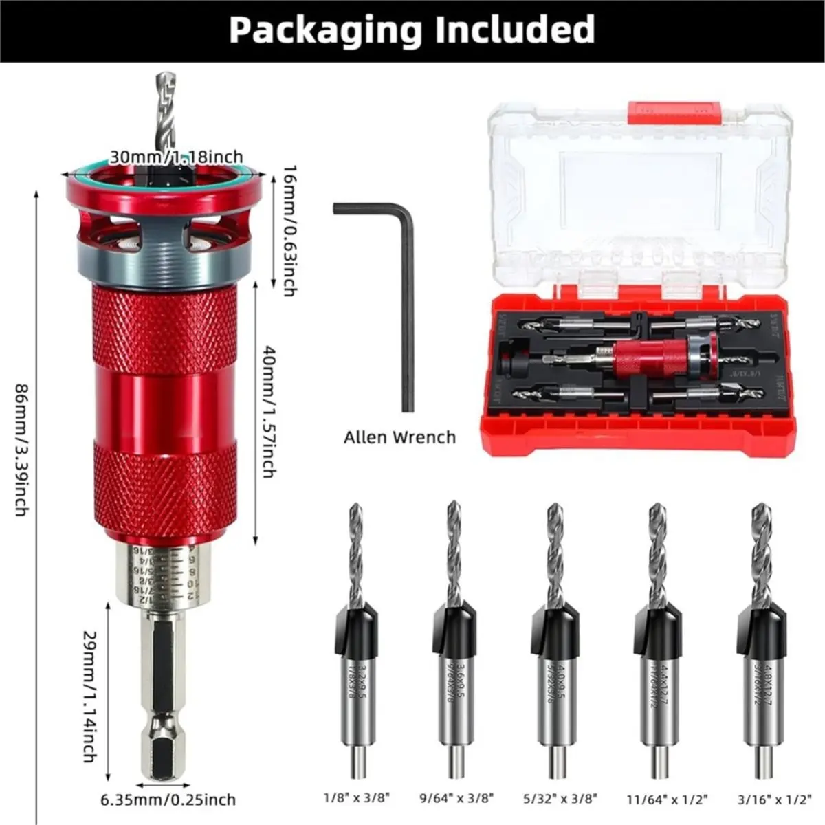 A165FHOT]Quick-Adjust Countersink Drill Bit Set with Aluminum Stop Collar, 5 Replaceable HSS M2 Bits and A Wrench