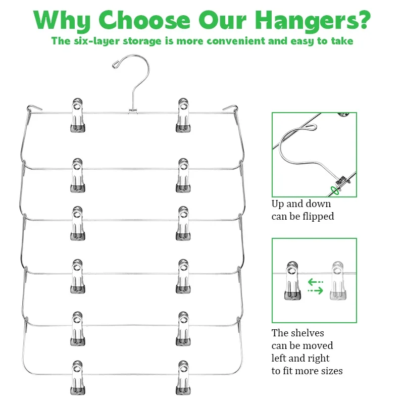 6 Layer Clothes Hangers Multilayer Skirt Trouser Hanger for Pants Non Slip Metal Hanger Clips Clothing Storage Rack Holder