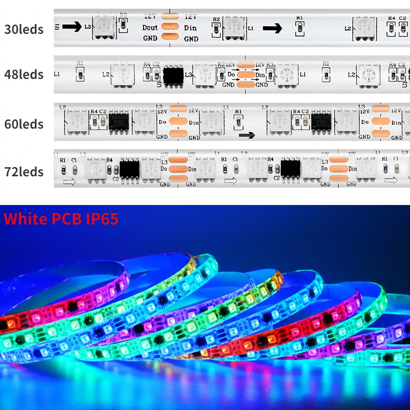 Imagem -02 - Luzes de Tira Led Rgb Endereçáveis Inteligentes Fita Led Pcb Controle ic Externo Leds Branco Preto 5050 Smd 30 60 m 12v dc Ws2811