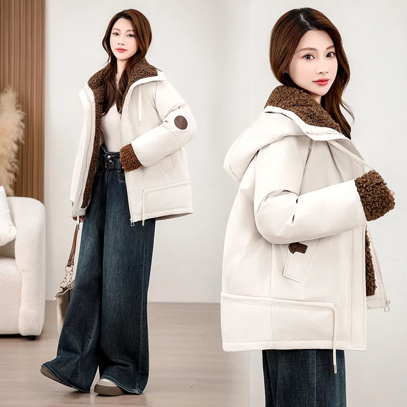 Fashion New Women's Winter Warm Thick Cotton Padded Coat Sherpa Fleece Collar Zip Up Windproof Female Outerwear Casual Parka