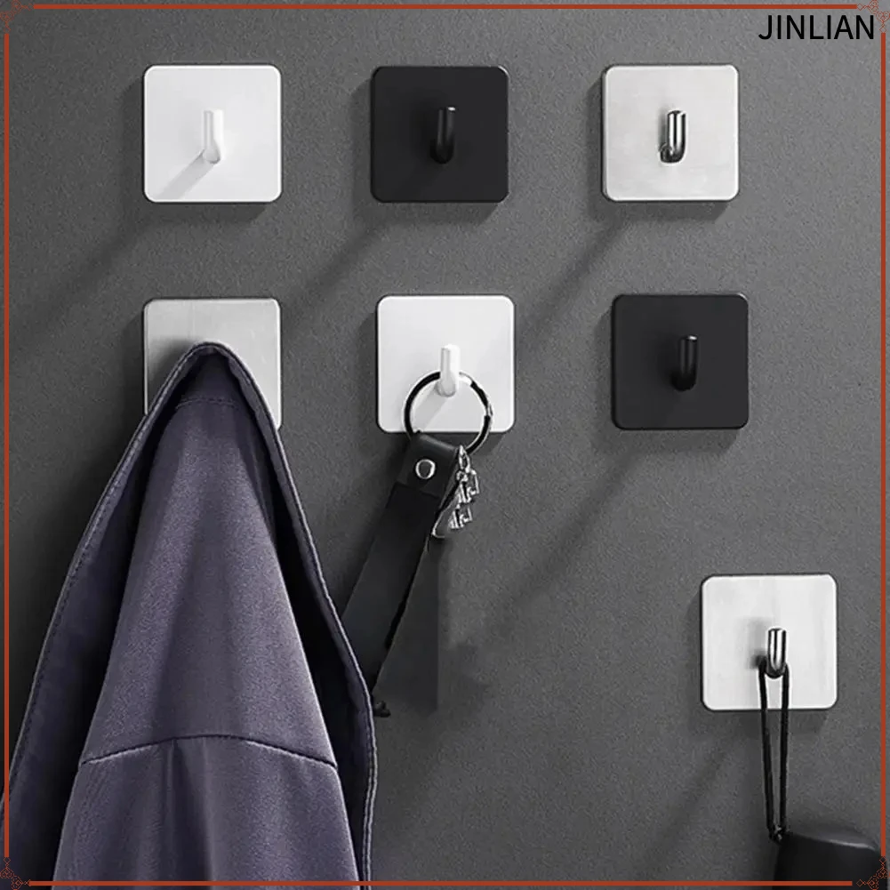 Bathroom Sticky Hooks 6pcs Stainless Steel Wall Hooks Set Strong Load-bearing Self-adhesive Storage Hooks Punch-free Simple