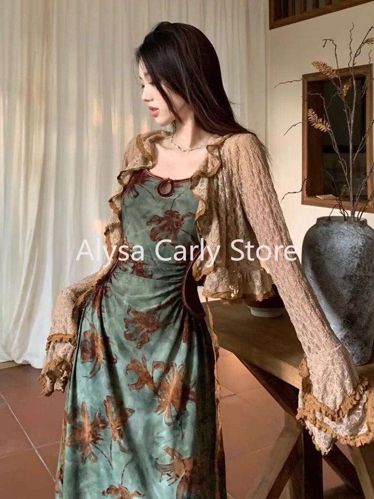 Vintage Elegant Floral Slip Dress Women Hollow Out Designer Korean Velvet Long Dress Female Autumn Matching Two Piece Dress Set