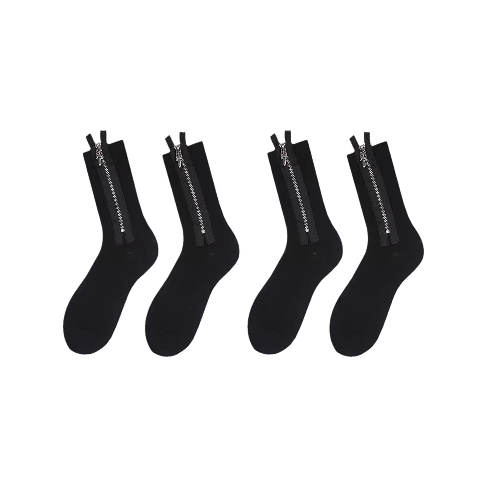 Metal zipper mid-calf cotton socks black combination (1 pair each without opening + opening)