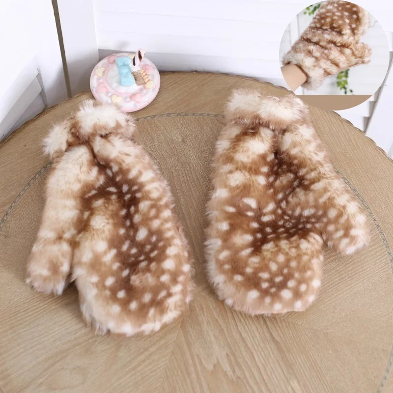 New Arrival Christmas Plush Gloves Winter Cute Japanese Spotted Sweet Antler Deer Printing Elk Fawn Gloves