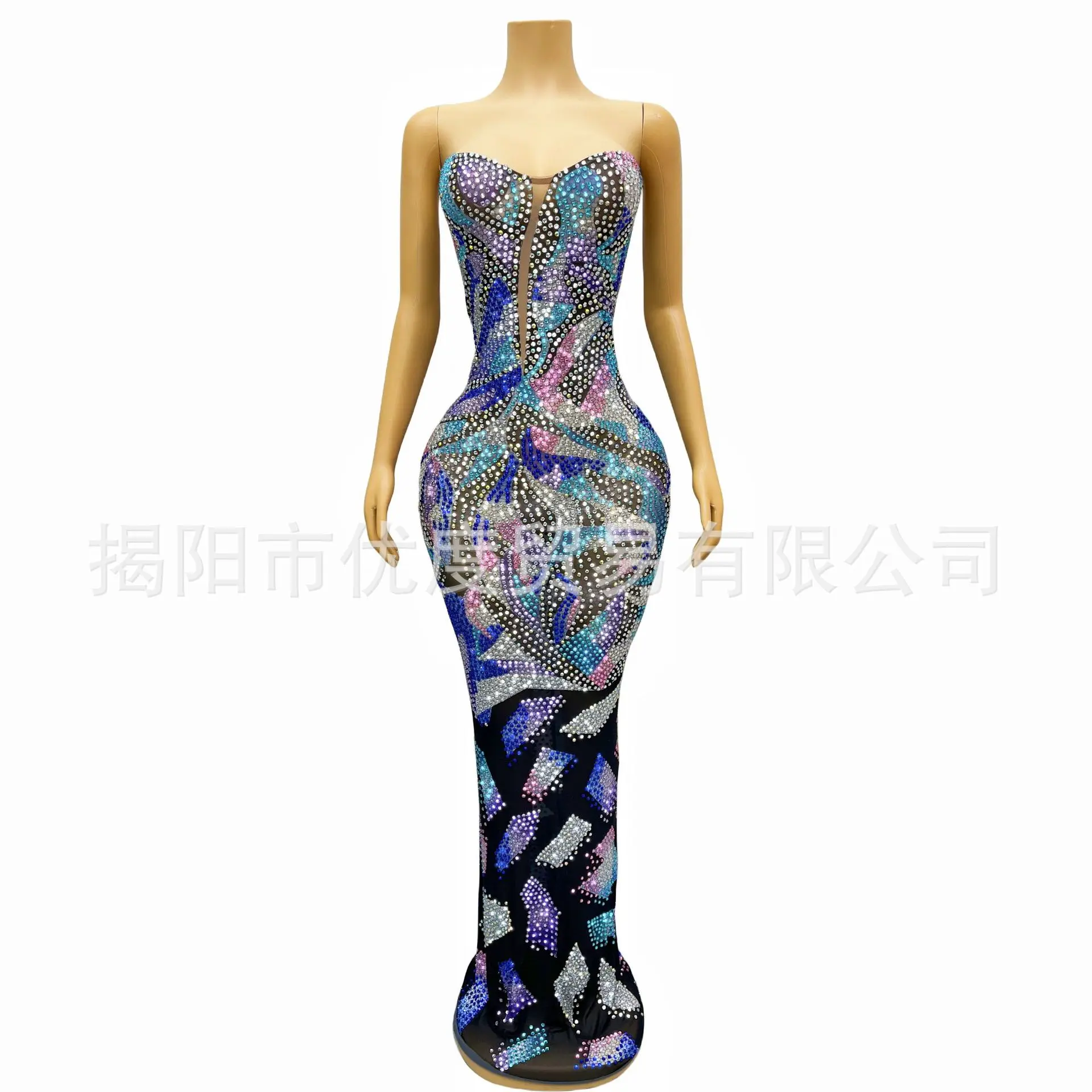 Indústria pesada artesanal strass tubo superior desempenho terno feminino cantor palco desempenho terno brilhante vestido elástico bunting