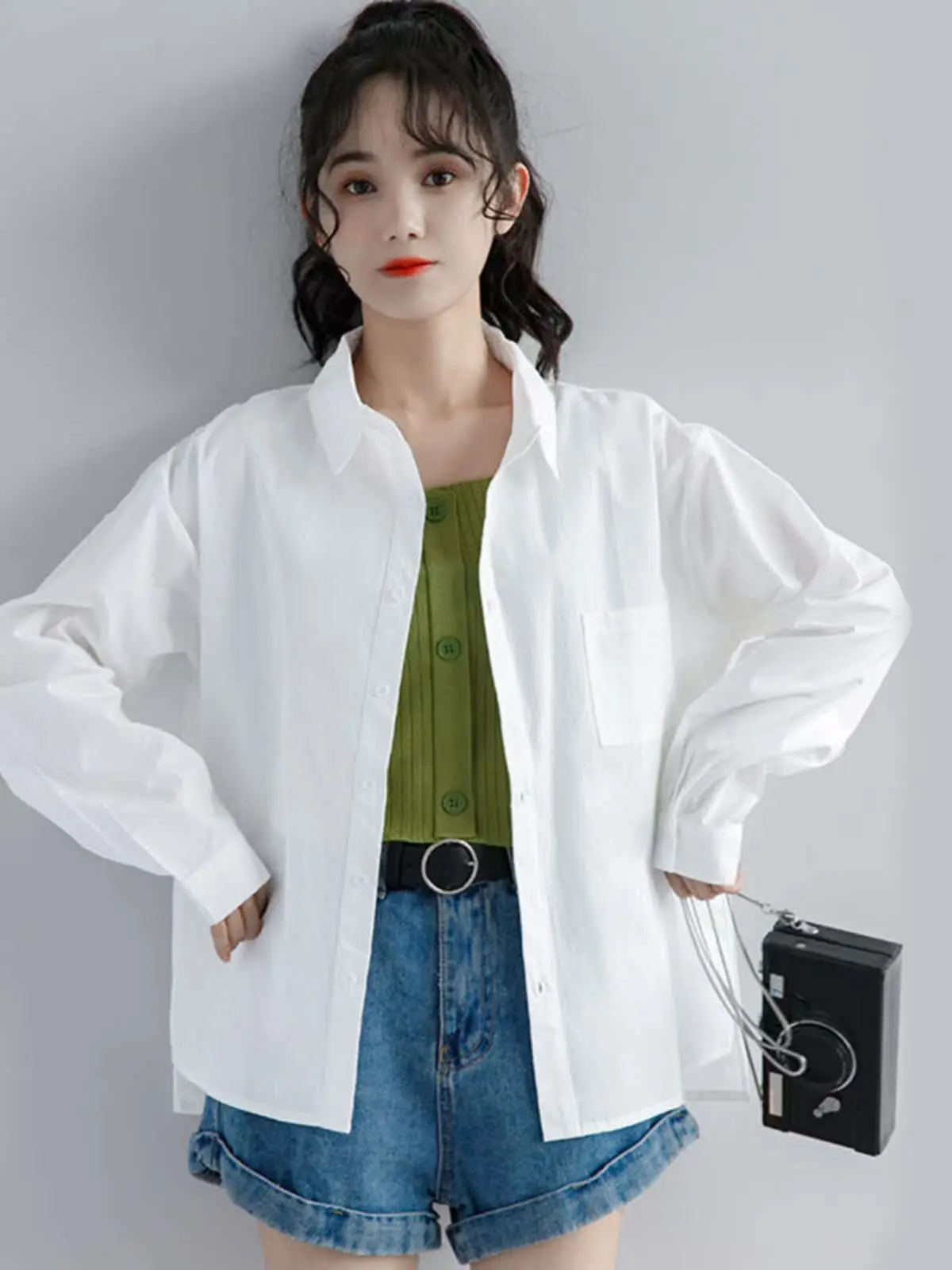 

Элегантная белая женская рубашка с длинным рукавом, весна-лето, новый дизайн, для ношения под одеждой, премиум-класс, свободный крой, на пуговицах, однотонная