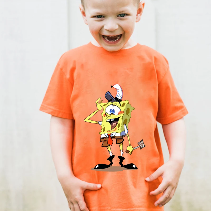 SpongeBob SquarePants Printed Kids T-shirt Summer Children's Cotton Short Sleeve Orange Casual Tops Suitable for Boys and Girls