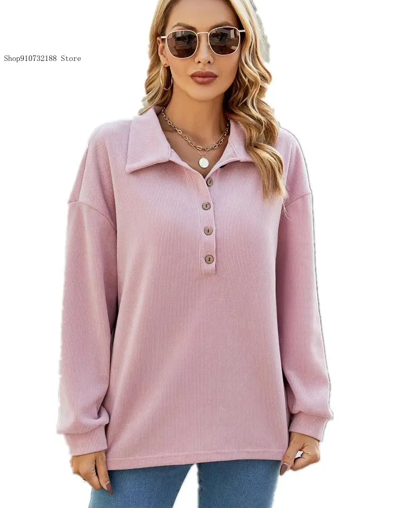 Spring and Autumn Leisure Loose Vacation Travel Commuting Solid Color Collar Button Long Sleeve T-Shirt