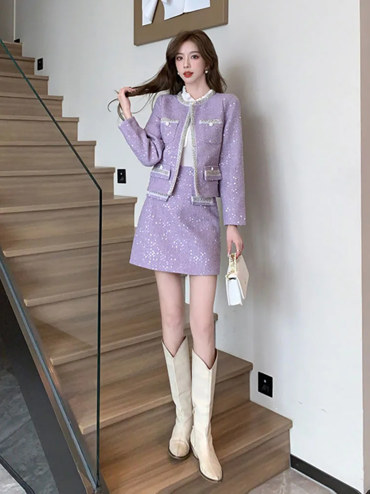 Blazer Suits Mini Skirts Sets Women Plaid Short Two Piece Set Autumn Pink White Slim Tweed Jacket Half Skirt Female Two-piece