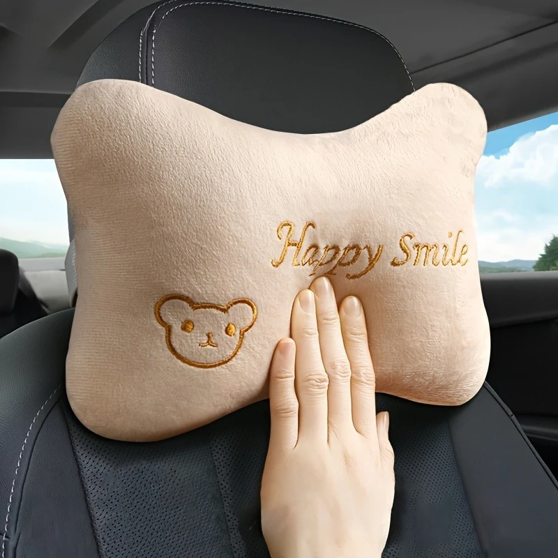 2pcs Cute Bear Pattern Neck & Cervical Pillows - Adjustable Polyester Fiber Filled Headrest - Comfy for Car Travel, Sofa, Office
