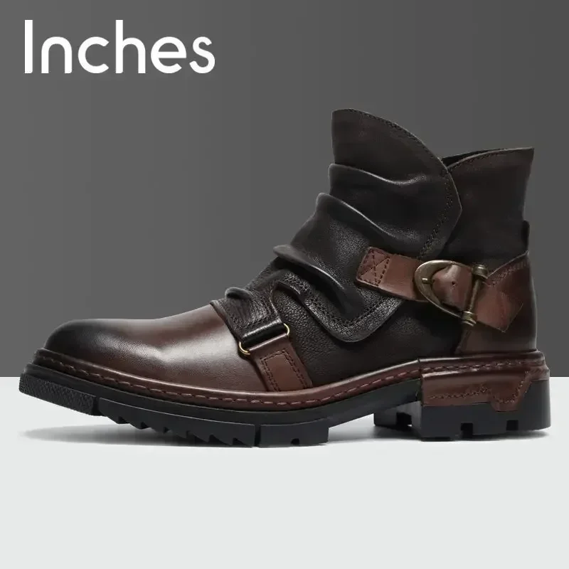 2025 Retro Men's Motorcycle Leather Boots British Style Round Head High Top Shoes Casual Platform Boots Moto Street Gear