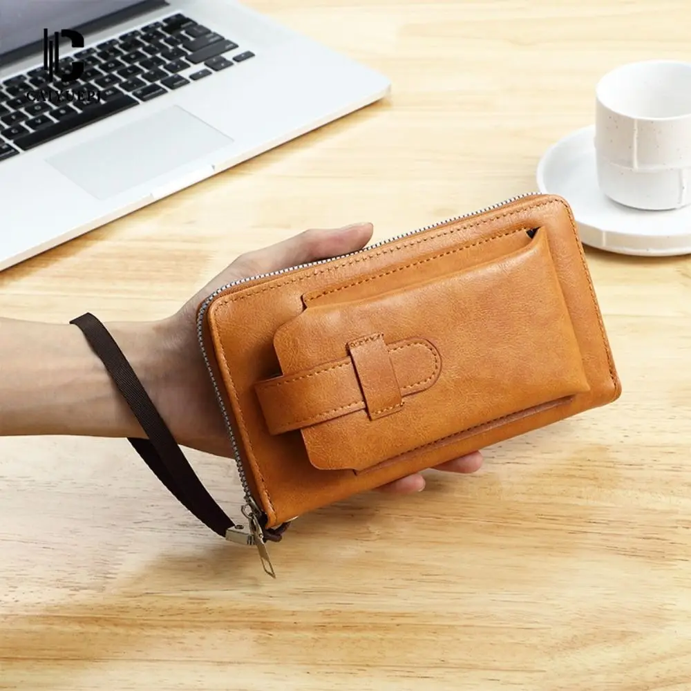 

Casual Multifunction Men's Long Wallet PU Leather Solid Color Clutch Phone Bag Money Clip Zipper Business Coin Purse Travel