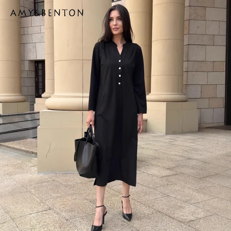 

European And American French Design Women's Clothing 2026 Spring New Solid Color High-end Elegant Casual Long Dresses Ladies