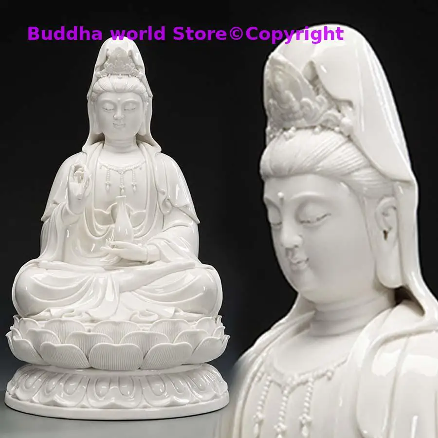 

high grade home family efficacious Avalokitesvara FENG SHUI Mascot Guanyin Buddha jade Porcelain carving Sculpture statue 30cm