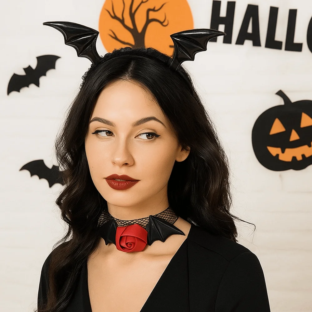 Punk Flower Bat Wings Hairband Mesh PU Leather Headband Necklace Set Lace Gothic Halloween Hair Hoop Kids