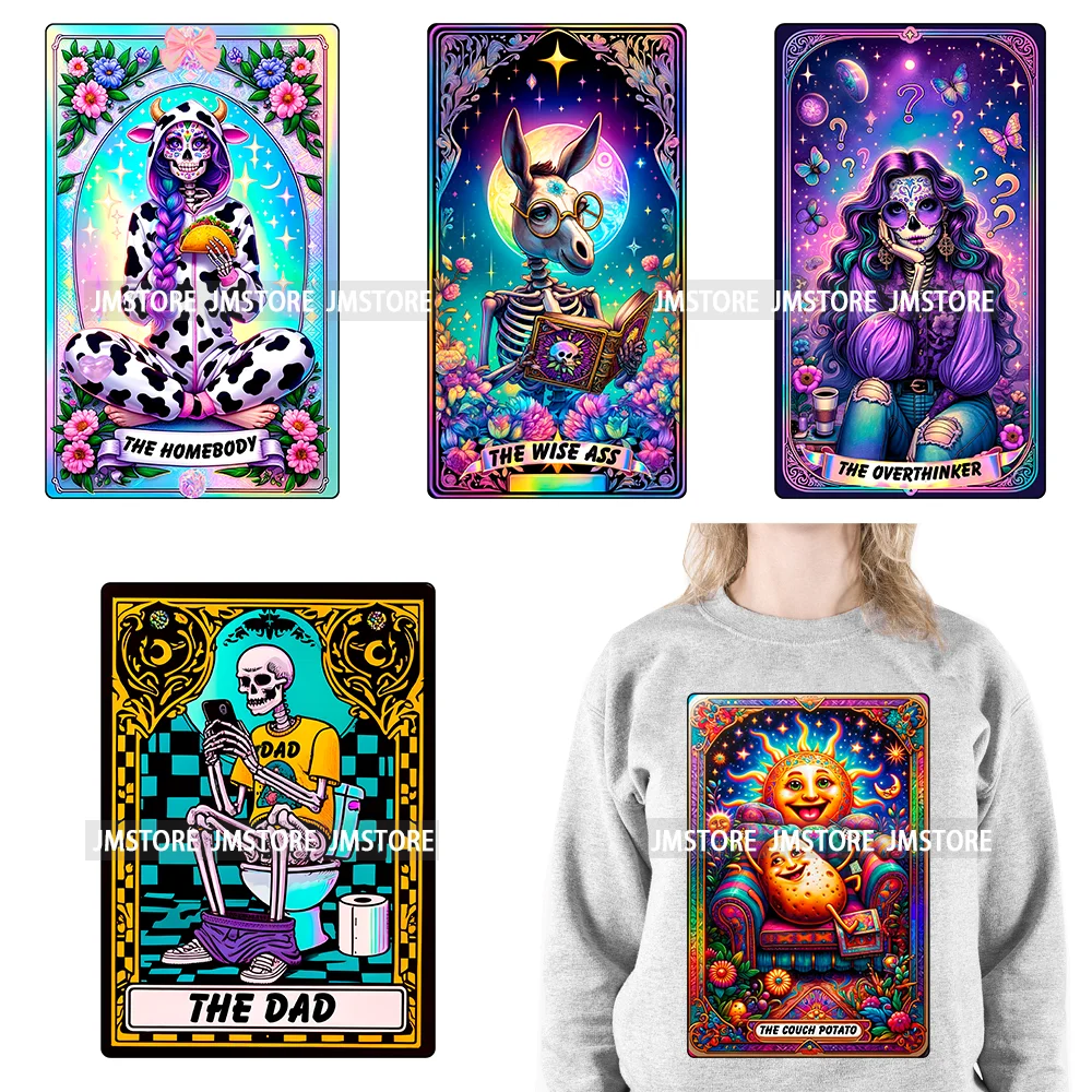 Colorful Artist Overthinker Dad Women Skeleton Thermal Logo  Tarot Card DTF Iron On Transfer Stickers Ready To Press For Hoodies