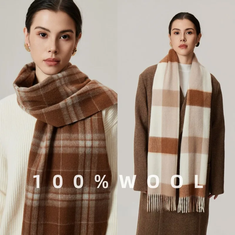 Wool Plaid Scarf for Women Men Winter Warm Soft Cozy Thermal Thick Shawl Wrap Pashmina Long Neckerchief Tassel Fringed Oversized