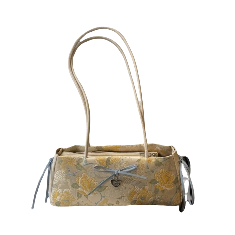 

All-match Flower French Stick Handbag Chinese Style Cloth Bow Shoulder Bag Large Capacity Ribbon Underarm Bags Girls