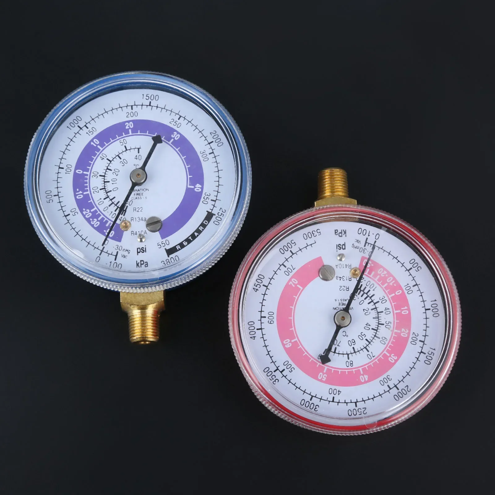 2Pcs Air Conditioner Refrigerant R134A R22 R410A High Low Pressure Gauge PSI KPA Refrigeration Pressure Gauge Coolant Red & Blue