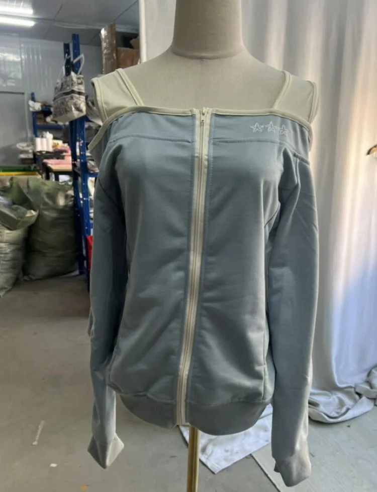 وهمية قطعتين Y2k الجمالية خمر هوديس مائل الرقبة عادية الجرونج سليم صالح الستر الخريف المرأة سستة المرقعة البلوز