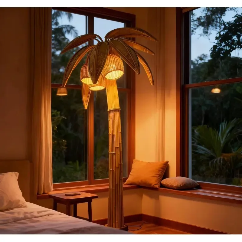 Custom Handmade Rattan Floor Lamp Coconut Tree Design for Living Room Bedroom Villa Courtyard Hotel Vacation Decoration