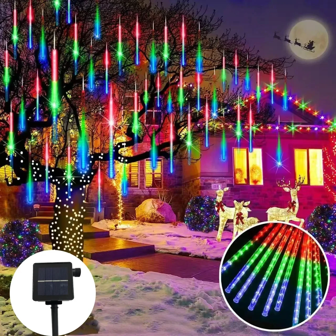 Solar Christmas Meteor Shower Light Outdoor Falling Rain Drop String Lights for Street Tree Wedding Party Garden Eave Decoration