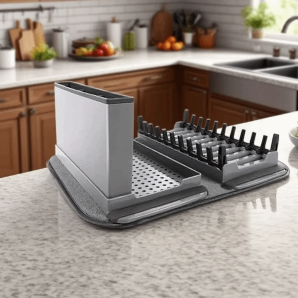 

4 in 1 Tableware Drainer Mat Folding Thickened Dish Drying Rack with Cutlery Holder Non-slip Kitchen Insulated Mat Countertop