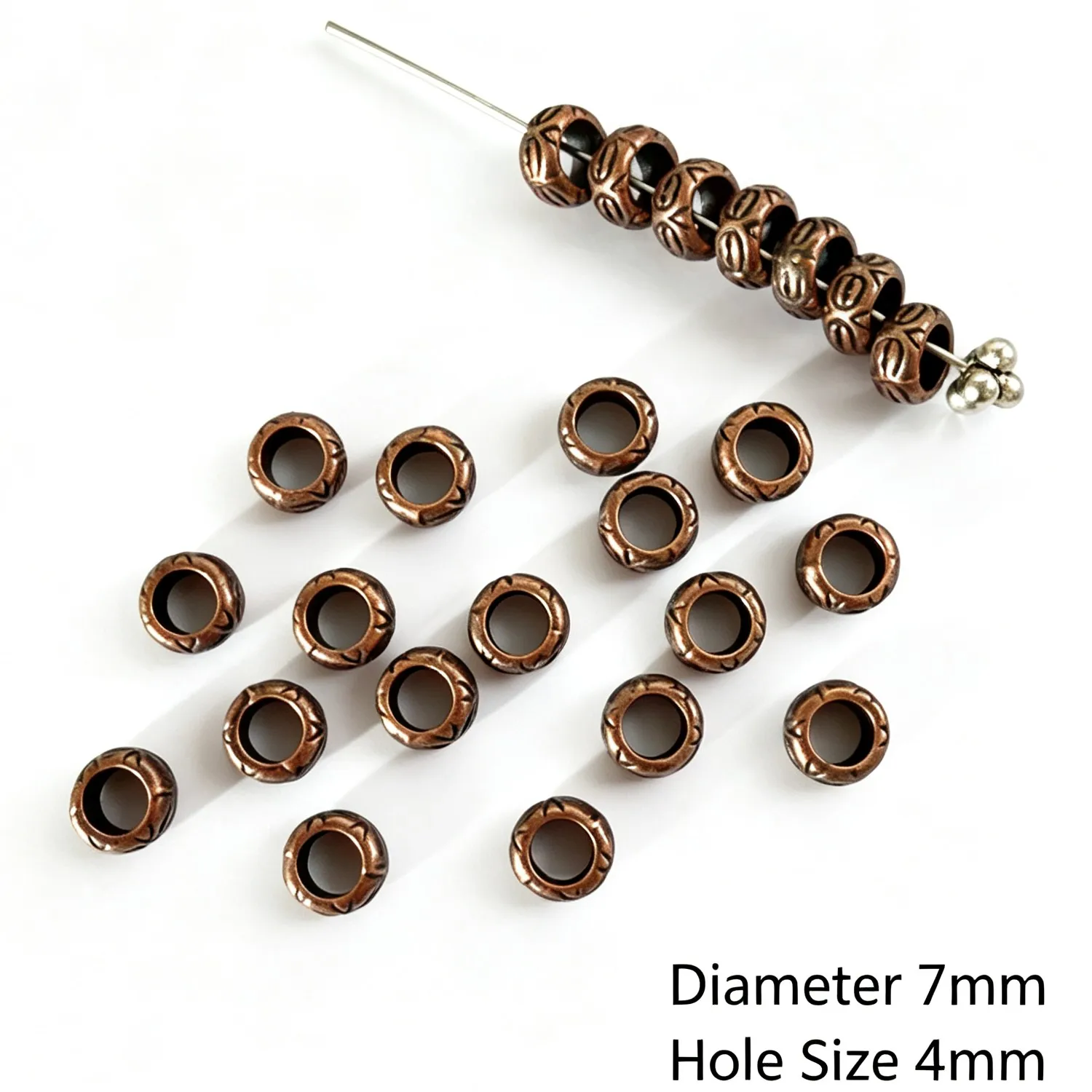 50Pcs 7mm Zinc Alloy Antique Red Copper Round Ring Engraved Spacer Beads DIY Jewelry Accessories H5011