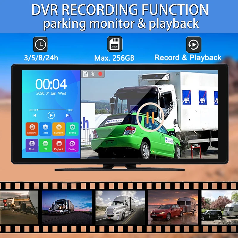 Système DVR AHD pour véhicule à 4 canaux de 10,36 pouces, enregistreur MP5 Bluetooth, moniteur tactile, vision nocturne HD 1080P, kit de caméra avant/arrière/latérale pour camion, camping-car, bus, remorque