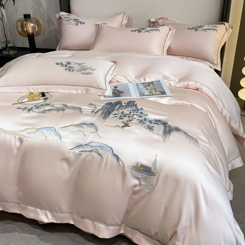 4Pcs New Chinese Style Landscape Embroidery Luxury Bedding Set Silky Duvet Cover Set Soft Quilt Cover Set Bed Sheet Pillowcases