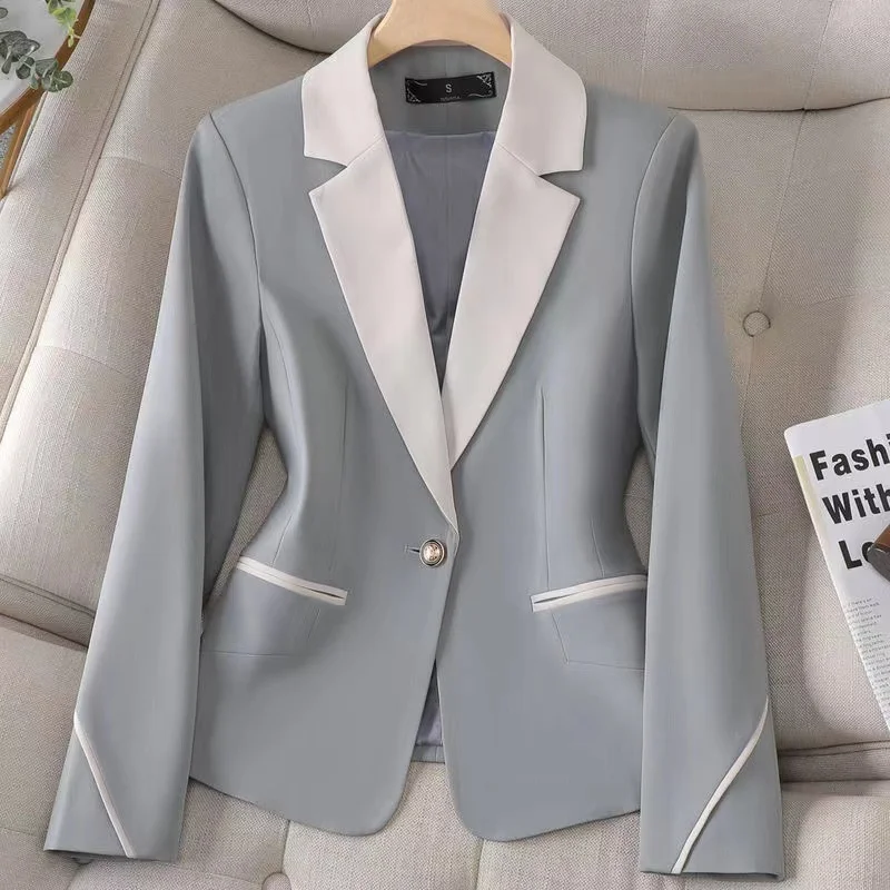 Spring Autumn Color Block New Women Slim Blazer Long Sleeve Single Button Office Ladies Business Work Wear Formal Jacket Coat