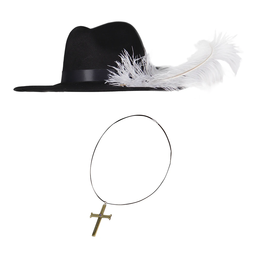 In Voorraad Dracule Cos Mihawk Cosplay Hoed Zwarte Pet Ketting Set Met Veren Volwassen Mannen Halloween Carnaval Kostuum Accessoires