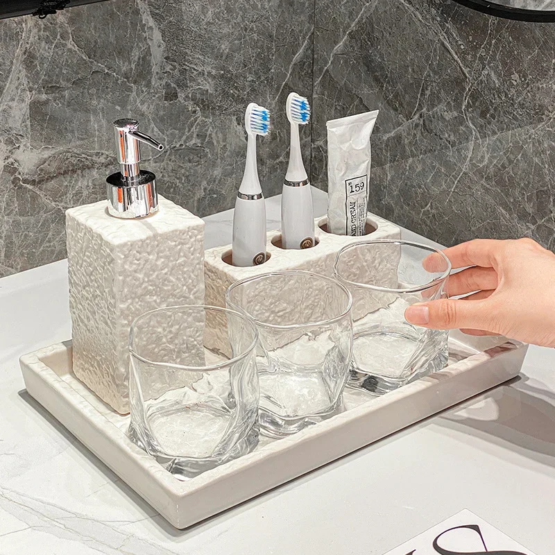 

Essential Bathroom Accessories Set, Shampoo Bottles, Mouthwash Cup, Bathroom Counter, Home Apartment Clean