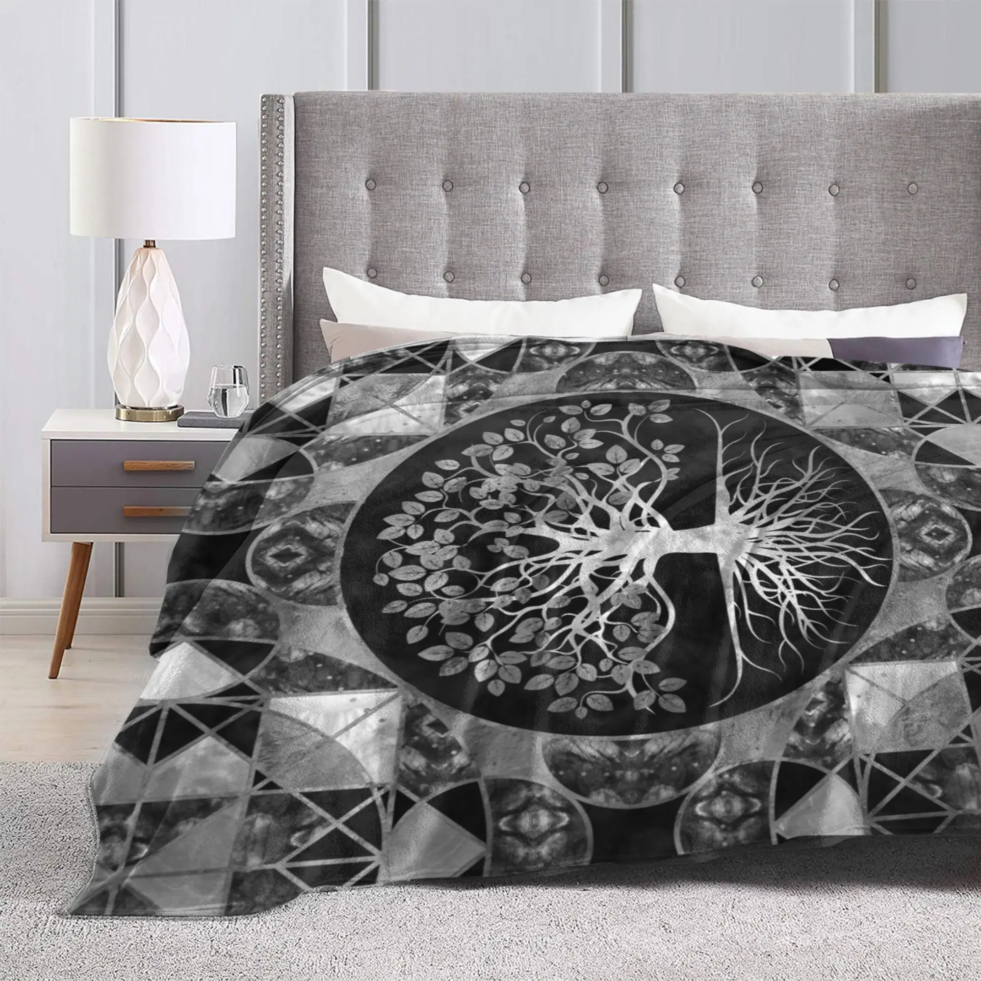 Tree Of Life Gray Scale Gemstone Blankets Geometry Flannel Awesome Breathable Throw Blanket for Chair Covering Sofa  Winter