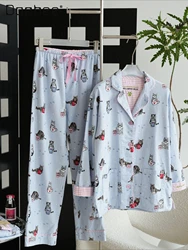 100% Cotton Pajama Sets Women Cartoon Print Long Sleeve Lapel Loungewear 2024 Spring Autumn Soft Home Clothing Cute