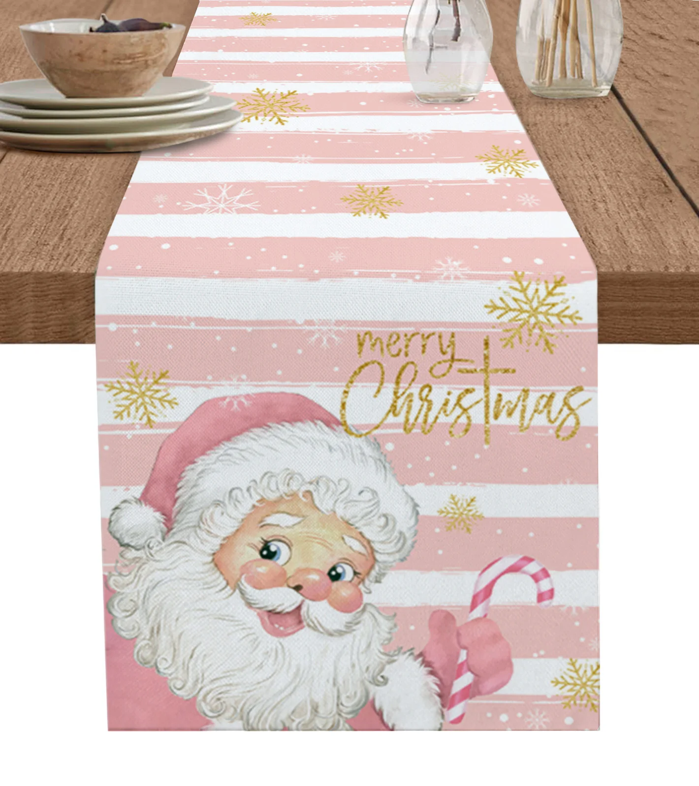 Christmas Santa Claus Snowflakes Pink Stripes Linen Table Runner Dresser Scarves Decor Reusable Kitchen Dining Table Decorations