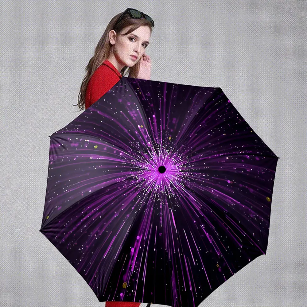 Purple Starburst Pattern on Dark Background Umbrella portable waterproof sun rain umbrella for outdoor travel beach