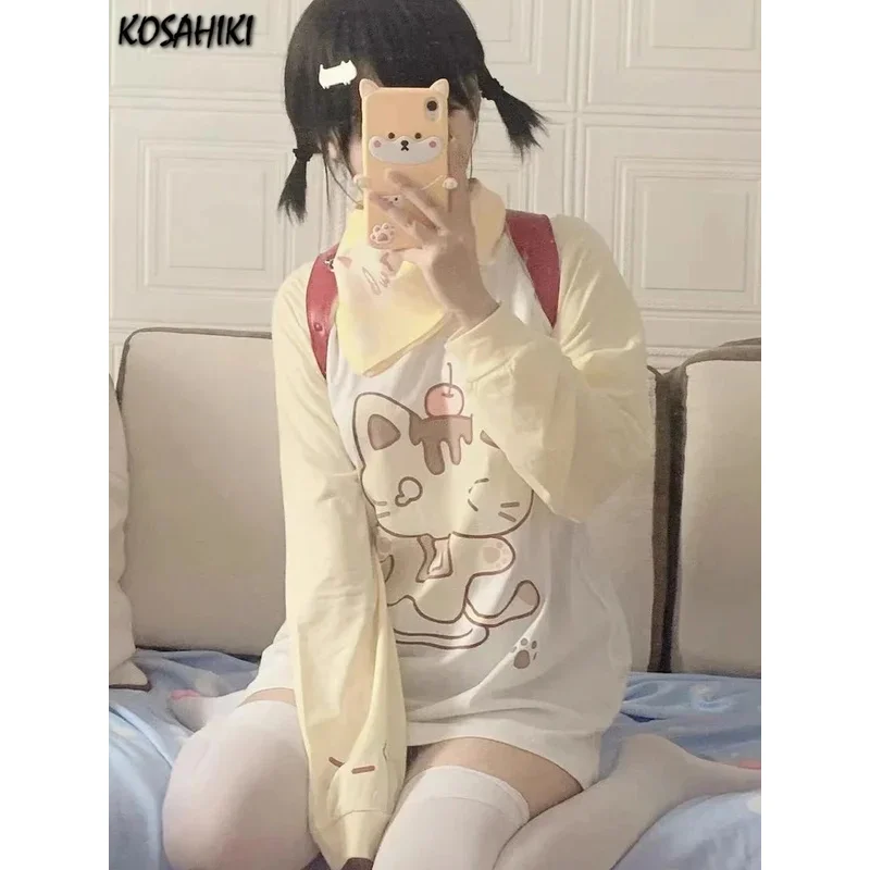 

Японские кавайные футболки с длинными рукавами и принтом кота, эстетические повседневные свободные универсальные топы в стиле Харадзюку с героями мультфильмов Y2k, женские уличные футболки