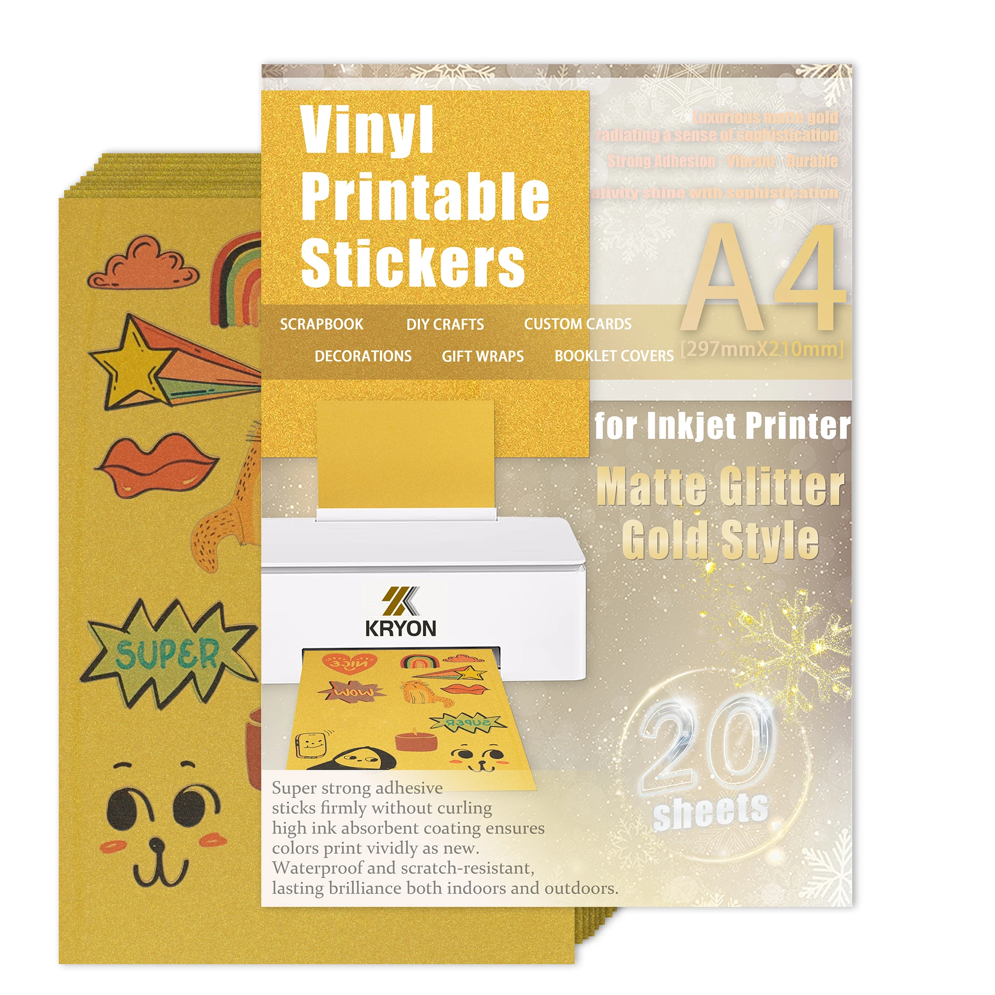 Luxury Gold Matte Glitter Printable Vinyl Paper A4 20 Sheets, Frosted Sparkling Finish for Premium Packaging, For Inkjet Printer