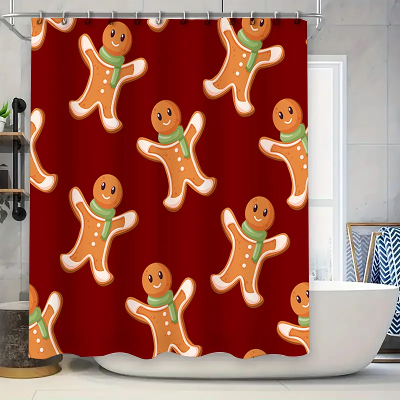 Christmas-themed Shower Curtain with Gingerbread Man Pattern Holiday Bathroom Decor Red Fabric Shower curtain for Home Decoratio