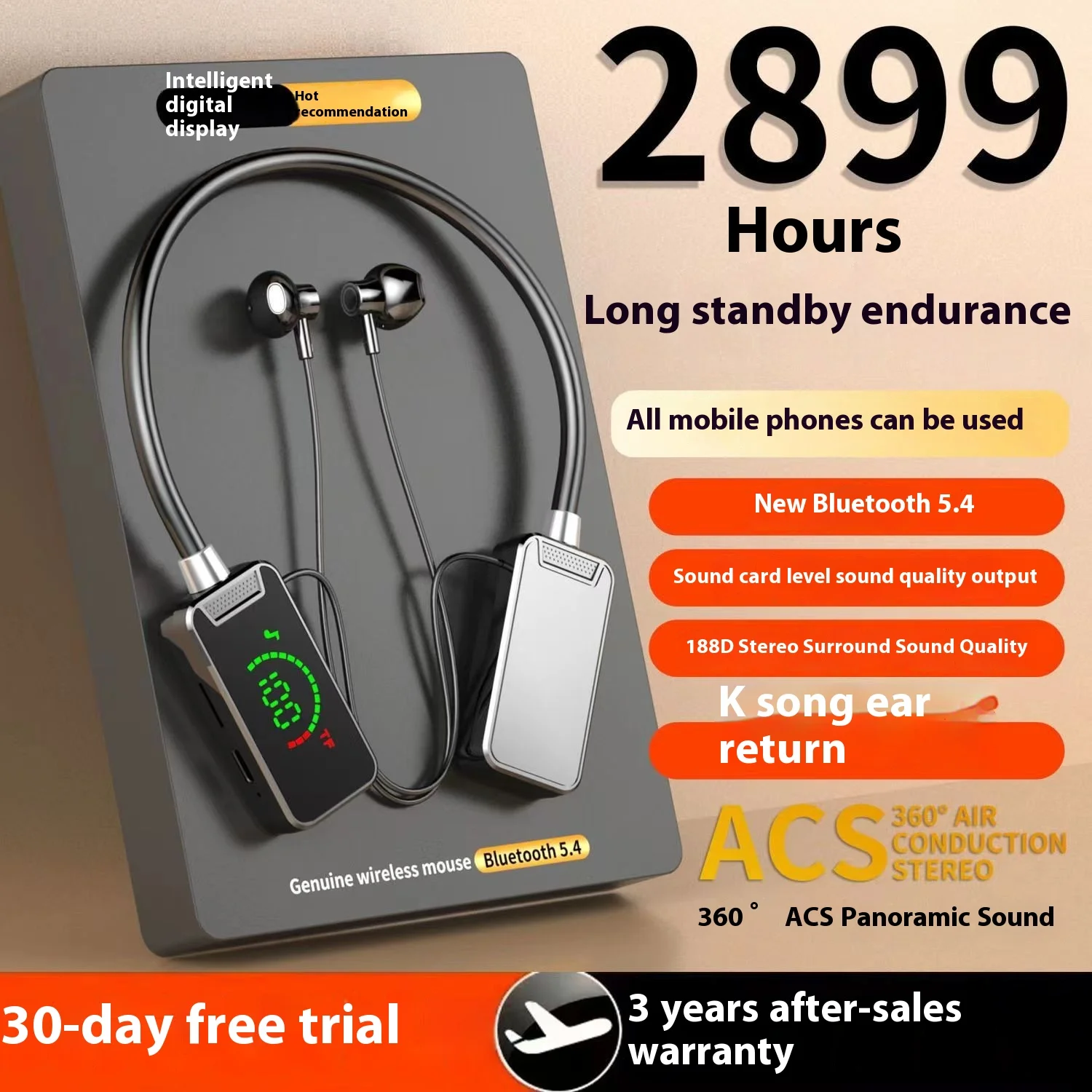 Fones de ouvido Bluetooth pendurados no pescoço com tela grande, display digital de bateria, feedback de ouvido esportivo e ultra