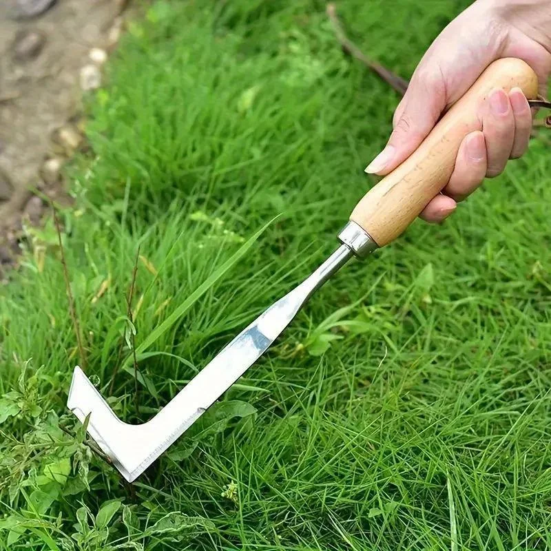 1 Piece Stainless Steel Crevice Weeder, L-Shaped Multi-Purpose Garden Hand Tool with Wooden Handle for Removing Weeds from Yards