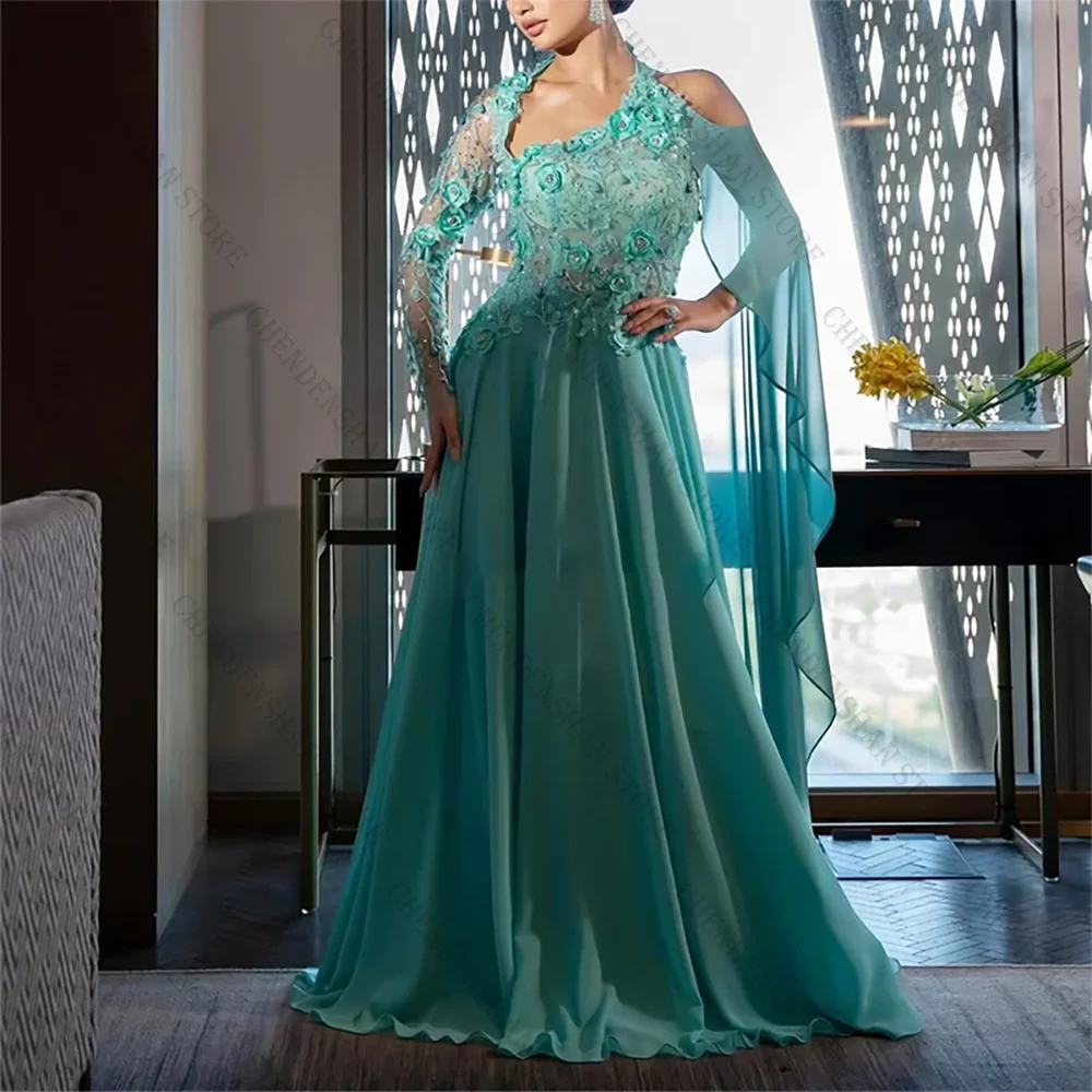 

Elegant Vintage Halter Formal Evening Dresses Green 3D Flowers Applique Lace Sequins Beaded Prom Dresses Customized Gown