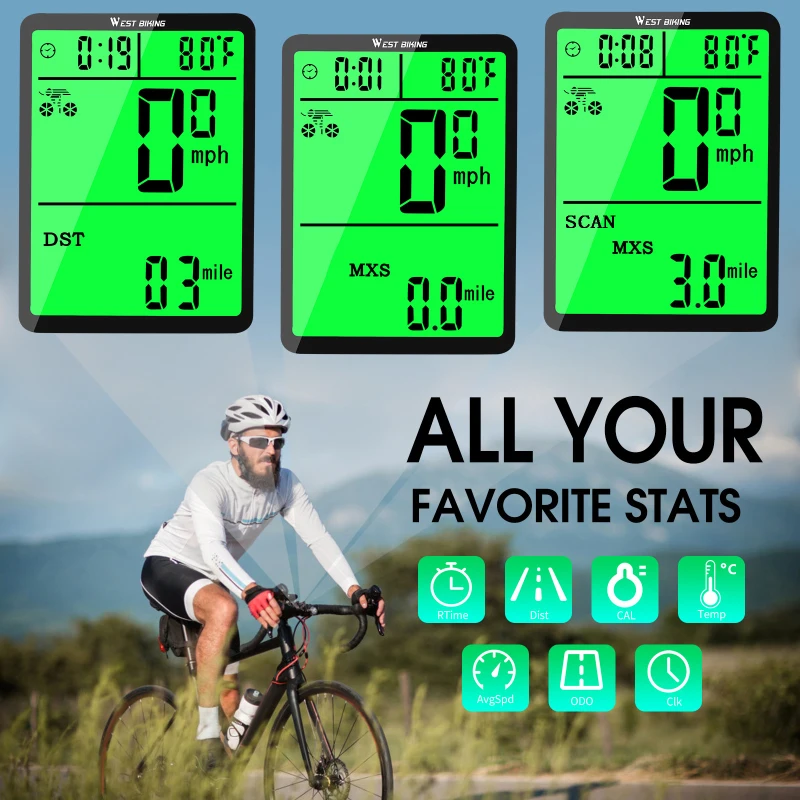 WEST BIKING Bike Computer Wireless Speedometer Odometer Multi-function Waterproof Backlight Large Screen for Cycling MTB Rides