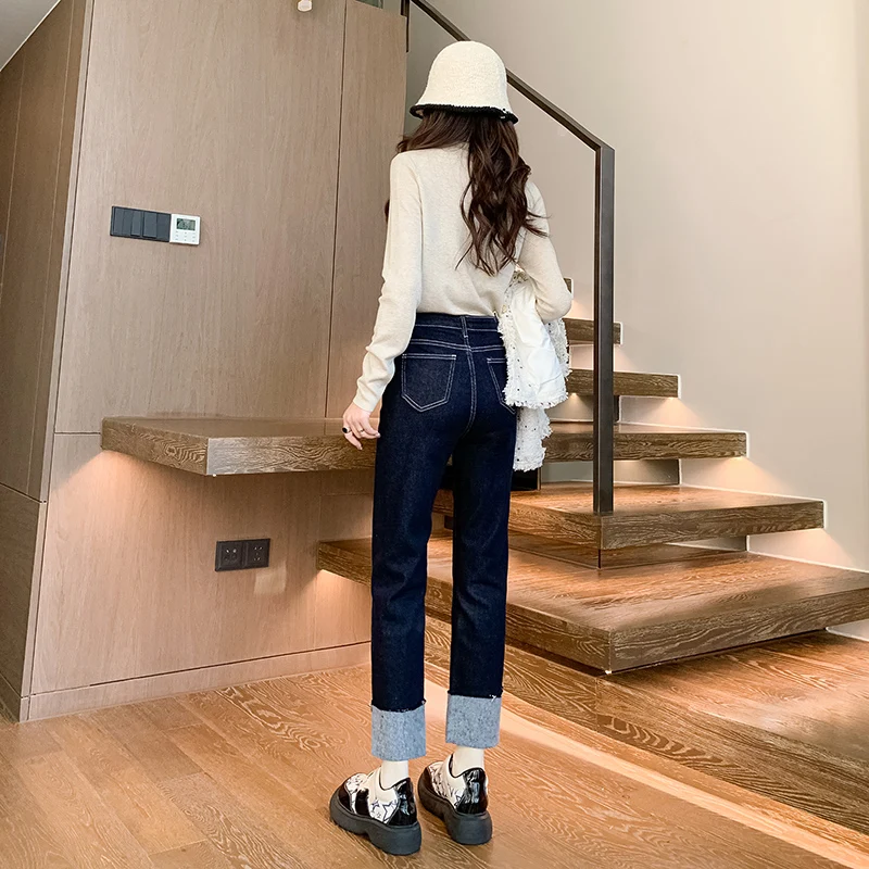 Lose Damen Straight Jeans Freizeit Straight Tube Vintage Hohe Taille Koreanische Y2K Denim Hose Baggy Schwarz Grau Schlankheitskomfort