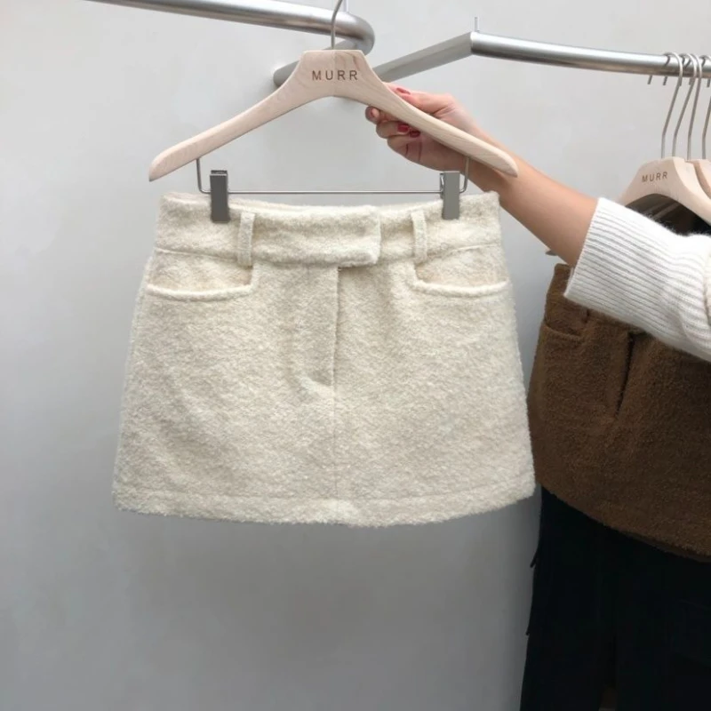 Women's 2026 Autumn Winter Tweed Plush Bodycon Mini Skirt Hot Girl Streetwear Elegant Chic Fuzzy Cozy Skort Korean Office