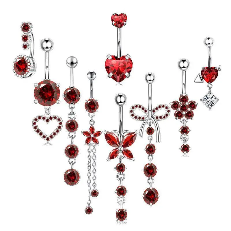1Pcs Belly Button Ring Dangle Navel Piercing Jewelry Cute Red Heart Butterfly Bow Flower Navel Belly Rings Silver Stainless Stee