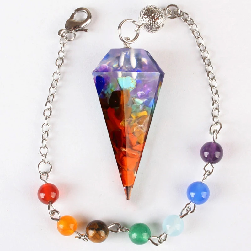 7 Chakras Chain Resin Hexagon Pointed Cone Pendant Pendulum Decoration Reiki Healing Yoga Natural Stones Jewelry DIY Necklace