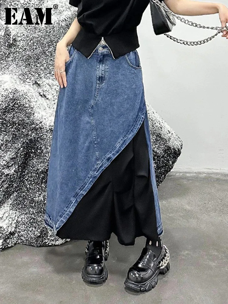 

[EAM] High Elastic Waist Black Color-block Half-body Denim Midi Casual Skirt Women Fashion Tide New Spring Autumn 2024 1DH4610